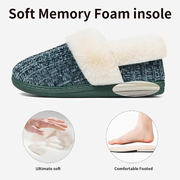 ⚡Women's Green Fuzzy Memory Foam Slippers Closed Back Knit Slip-On House Shoes - Picture 3 of 5
